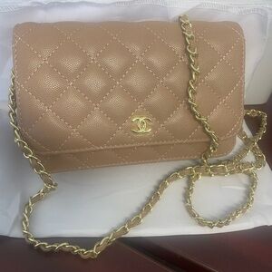 😍 Chanel Tan Camel Quilted Chain wallet Bag
